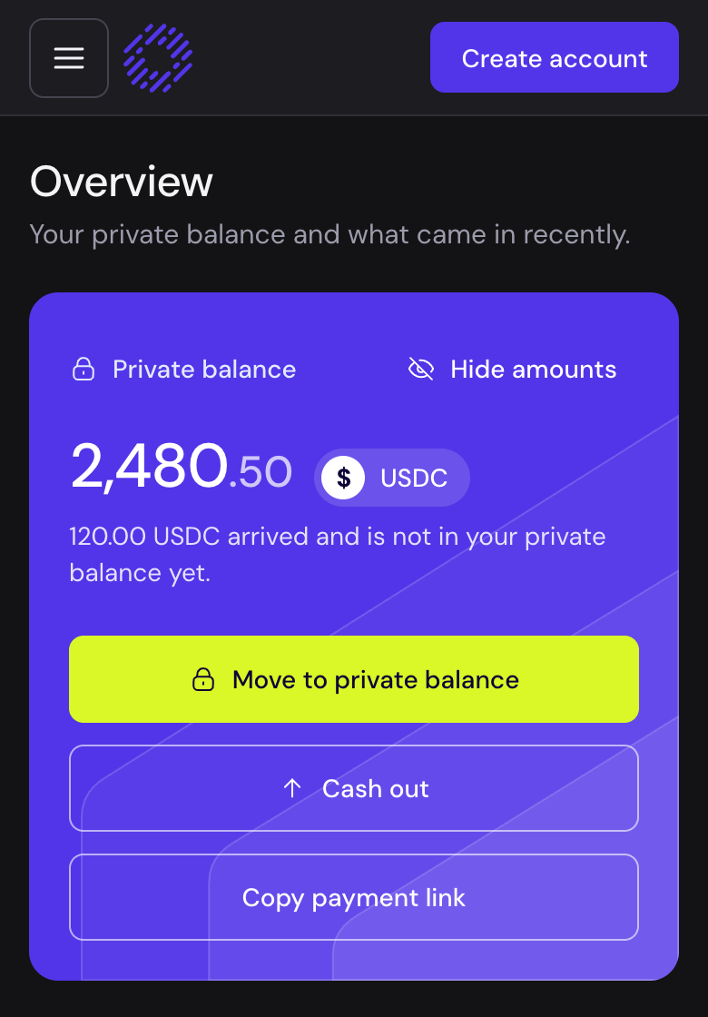 The Opaq Pay Overview screen with sample data: private balance, payment link, recent activity and a weekly chart.