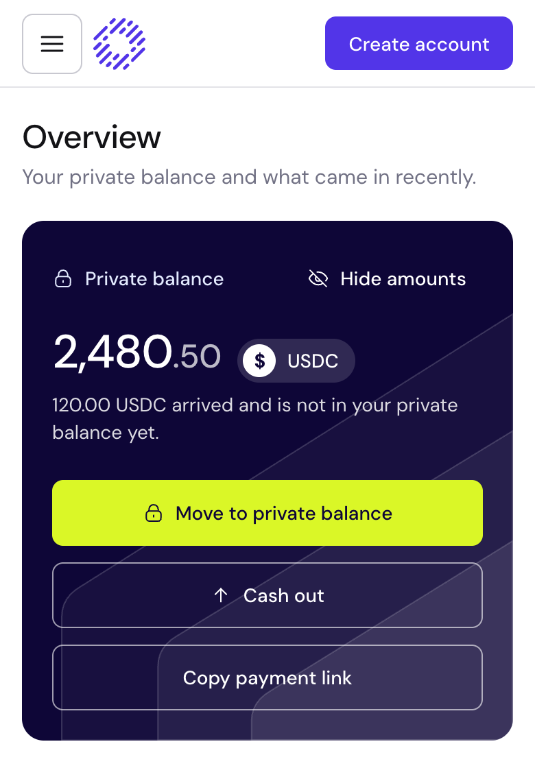 The Opaq Pay Overview screen with sample data: private balance, payment link, recent activity and a weekly chart.